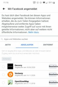 Mit deinem Facebook-Konto verknüpfte Apps und Webseiten