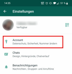 2. Wähle Account aus, um zu den Privatsphäreeinstellungen zu gelangen